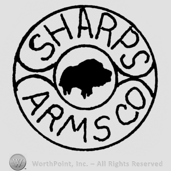 Small circle inside af another circle;a buffalo in the middle;words SHARPS ARMS CO written inside of the big circle.