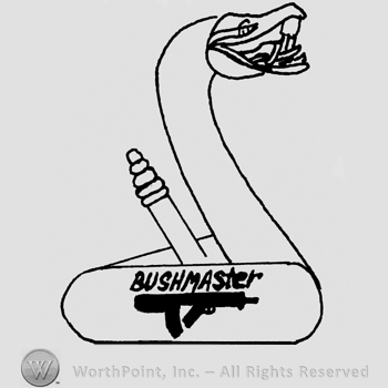 Rattlesnake with a machine gun drawn;word BUSHMASTER written on top of the machine gun.