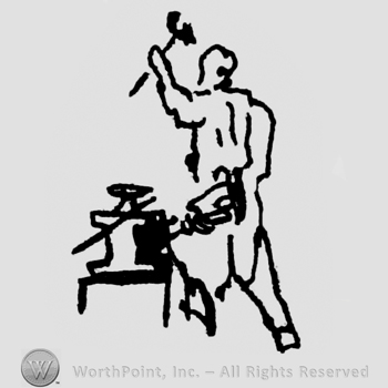 A blacksmith with one hand rised over a vice.