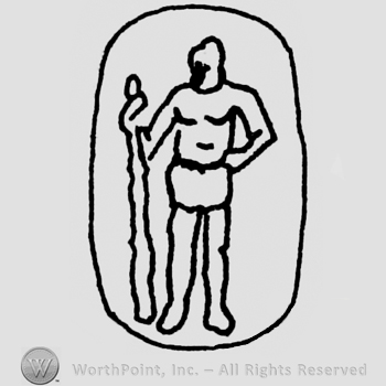 Rectangular with a man and staff.