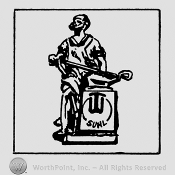 Square with a man sharping a spade over a stand with SUHL written on.