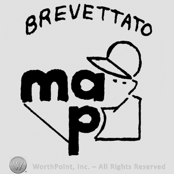 A man head with hat and initials M, A, P and BREVETTATO written above.
