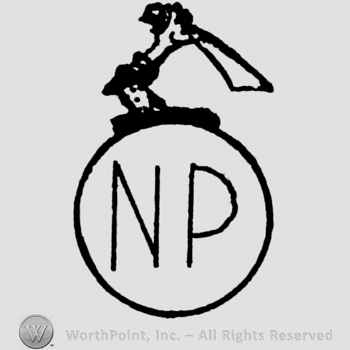 Circle enclosing initials N and P; hand with a knife above.