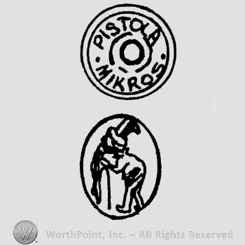 Two circles; one enclosing words PISTOLA MIKROS and the other enclosing a hunched man.
