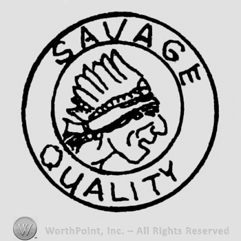 Double circle enclosing an indian head and SAVAGE QUALITY written on the edge.