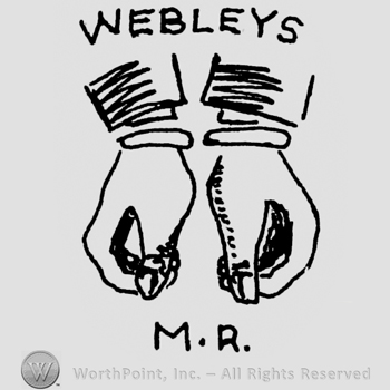 Hands with coils and WEBLEYS written above and M.R. written bellow.