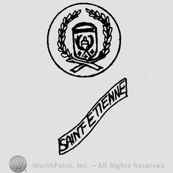Circle enclosing two crossed branches and a shield; ribbon bellow with SAINT - ETIENNE.