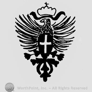 A shield with a cross and a crowned bird above.