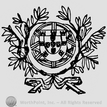 A shield over a circle rounded by branches.
