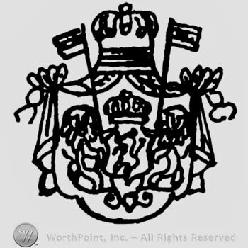Crowned shield with a crowned shield on and two flags.