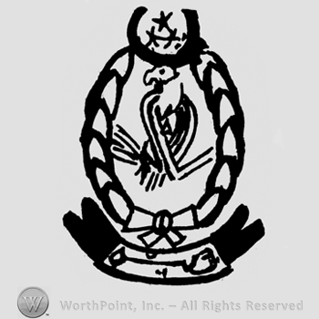 Shield with an eagle on, three stars above and a ribbon bellow.