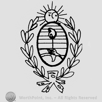 Circle with a flower; laurel round and a sun above.