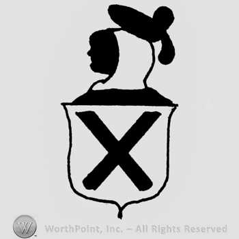 Shield with an X on it; human head with hat above.