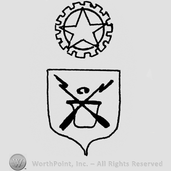 Shield with two crossed spades and a circle with a star above.