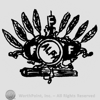 Circle with alfa written on, eight leaves above and initial F.