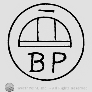 Circle enclosing a half-circle and initials B and P.