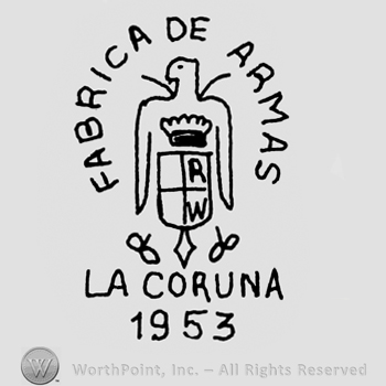 Crowned shield on an eagle and FABRICA DE ARMAS LA CORUNA 1953 written round.