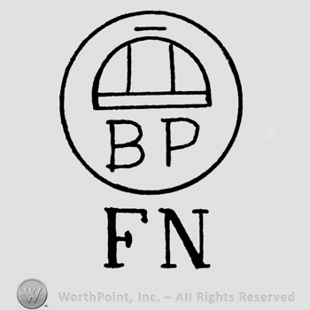 Circle enclosing a half-circle and initials B and P; letters F and N bellow.