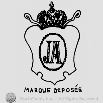 Crowned shield with a circle enclosing initials J and A on; MARQUE DEPOSEE written bellow.