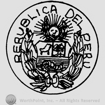 Circle enclosing a shield, laurel and a sun above; REPUBLICA DEL PERU written.