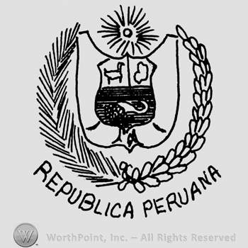 Shield with landscape and a sun above, between laurel; REPUBLICA PERUANA written bellow.