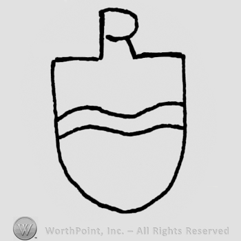 Shield with two lines and letter R above.