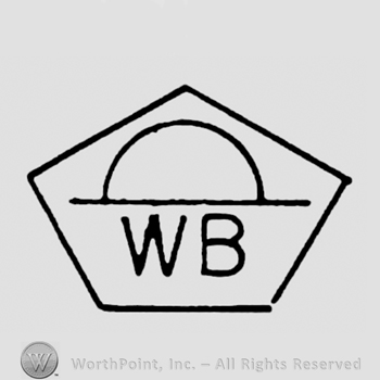 Letters WB, hat symbol above, all inside an pentagonal shape frame.