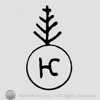 Letters HC conjoined in a circle, feather above.
