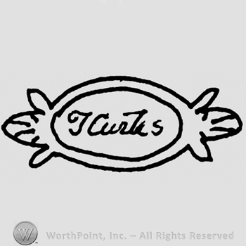 The name T Curtis handwritten inside an ornamented oval symbol.