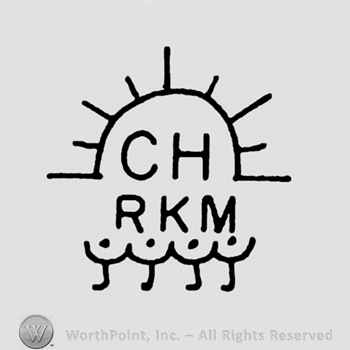 Symbol of sun and clouds above rain with initials CH above RKM inside.