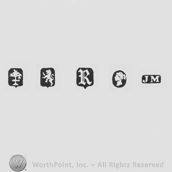 Three Fish & Bell; Lion Passant; date-letter R; Man's Profile and maker's mark JM