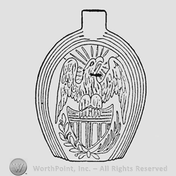Designs on oval panels. American eagle, head turned to right and erect; wings partly raised. Eagle stands on shield containing nine narrow vertical bars and three wider horizontal bars. Sun rays surround eagle's head and tips of wings extend downward parallel with upper part of shield. Below shield extending upward on either side olive and palm branches tied at center