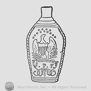 American eagle, head held erect and turned to right; shield with bars on breast; wings partly raised; Thunderbolt (four arrows) in eagle's right talons, large olive branch in left. Thirteen small five-pointed stars above eagle. Eagle stands on oval frame containing "J.P.F." Tassel-live ornaments hang from upper line of frame, lower part of frame is extended and looped to form a medallion containing square and compasses and other ornamentation