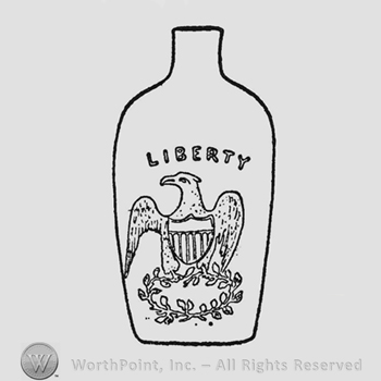 Large American eagle, head turned to left; large shield with six bars on breast; wings partly raised. Eagle stands on wreath of laurel branches. Above eagle is slightly curved line is written "Liberty"