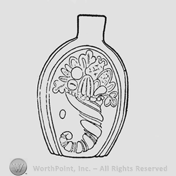 Designs on oval panels. Large cornucopia coiled to left and filled with produce. Large pearl at left