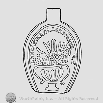 Large urn with five heavy vertical bars, filled with produce loosely arranged. In semi-circle above produce is written "Lancaster Glass Works N.Y." The period after the "N" is diamond shaped