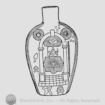 Masonic decoration. From a mosaic pavement rise two columns surmounted by archway with keystone in center. Beneath is a radiant all-seeing eye and between columns radiant triangle enclosing the letter "G" and above it open book with square and compasses. At left, a trowel with skull and crossbones beneath. At right is Jacob's Ladder ascending to Cloudy Canopy or Star Decked Heaven, quarter moon surrounded by seven stars at right of archway. Blazing sun at left of archway.