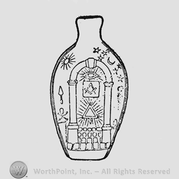 Masonic decoration. From a mosaic pavement rise two columns surmounted by archway with keystone in center. Below keystone all-seeing eye and between columns radiant triangle. Above triangle open book with square and compasses. At left of column large blazing sun, trowel and skull and crossbones, at right quarter moon and stars. Below stars comet. Scythe pointing left beneath crossbones. Beneath triangle tiny emblem that might be plummet, but inverted