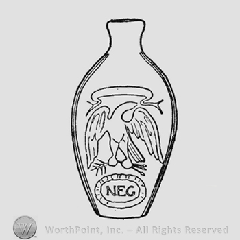 American eagle, head turned to right; wings partly raised. Eagle grasps large balls in talons. Above eagle plain ribbon. Below eagle oval frame containing letters "NEG"