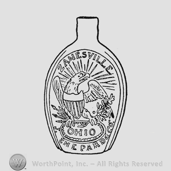 American eagle, head turned to right; shield with seven vertical bars on breast. Wings partly raised. Thunderbolt (five arrows) in its right talons, olive branch in left. Eagle stands on oval frame with inner band of small pearls and containing word "Ohio". Sun rays surround eagle's head and above rays in semi-circle "Zanesville". In semi-circle beneath oval frame "J. Shepard & Co". The "S" is reversed