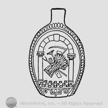 Masonic arch, pillars and pavement. Within arch Farmer's Arms, sheaf or rye, pitchfork, shovel, sickle, rake, axe and scythe. Sheaf of rye points to right. Beneath pavement scroll ornament