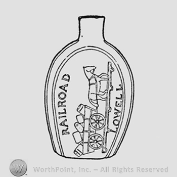 Designs on oval panels. Horse drawing long cart on rail to right, cart filled with barrels and boxes. Below rail is written "Lowell" and above is written "Railroad"