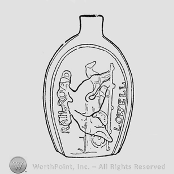 Designs on oval panels. Horse drawing long cart on rail to right, cart filled with barrels and boxes. Below rail is written "Lowell" and above is written "Railroad". Impression of eagle over horse and inscription