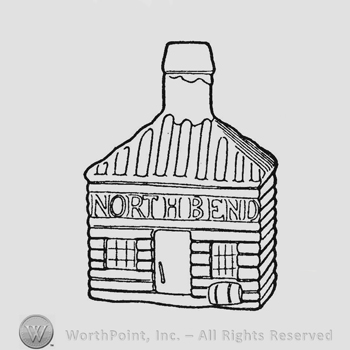 In form of log cabin with hipped roof. Door at center with latch string at left and window either side. Cider barrel beneath window at right. Above door extending across bottle rectangular frame containing the word "North Bend"