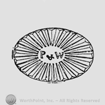 Large elliptical sunburst surrounded by rays flattened at ends, forming closed ellipse. The effect is that of a raised panel. At center is word "P & W"