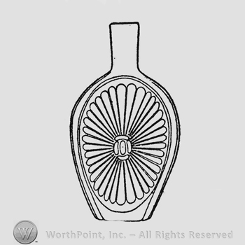 Large oval sunburst, 36 rays tapering to rounded ends turned downward to surface of flask and forming scalloped ellipse. At center of sunburst five small oval shaped ornaments in oval formation with one in center