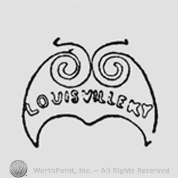 Frame containing elaborate scrolls and at top of frame small eight-pointed star. In space above frame where outer and edge ribs terminate, a star. Between scrolls is written "Louisville KY" in curved line