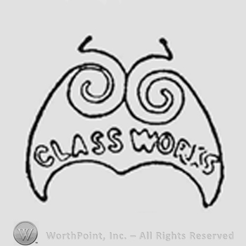 Frame containing elaborate scrolls and at top of frame small eight-pointed star. In space above frame where outer and edge ribs terminate, a star. Between scrolls is written "Glass Works" in curved line