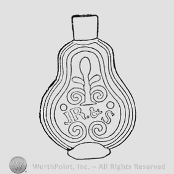 Pear-shaped panel scrolled at base and containing a conventional fleur-de-lis ornament. Two large pearl-shaped ornaments at either side. Inscription "J R & S" just below
