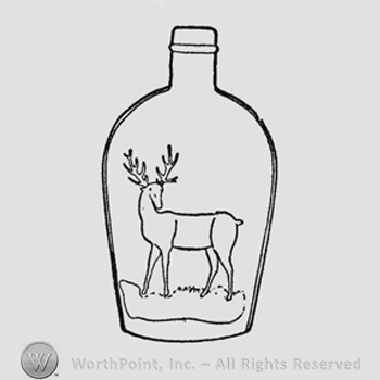 Buck with large antlers, body to left, head turned sharply back and giving effect of facing front
